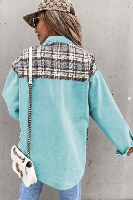 Sky Blue Plaid Patchwork Pockets Denim Jacket