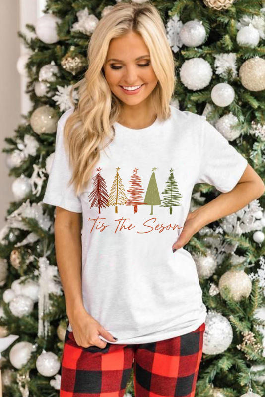 White Cute Christmas Trees Print Crew Neck T Shirt