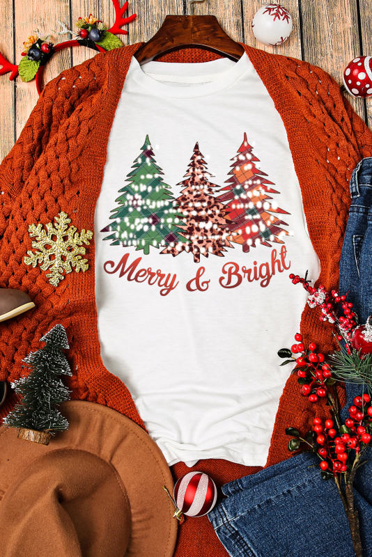 White Merry and Bright Christmas Tree Print Crew Neck T Shirt