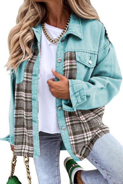 Sky Blue Plaid Patchwork Pockets Denim Jacket