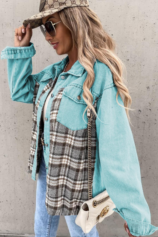 Sky Blue Plaid Patchwork Pockets Denim Jacket