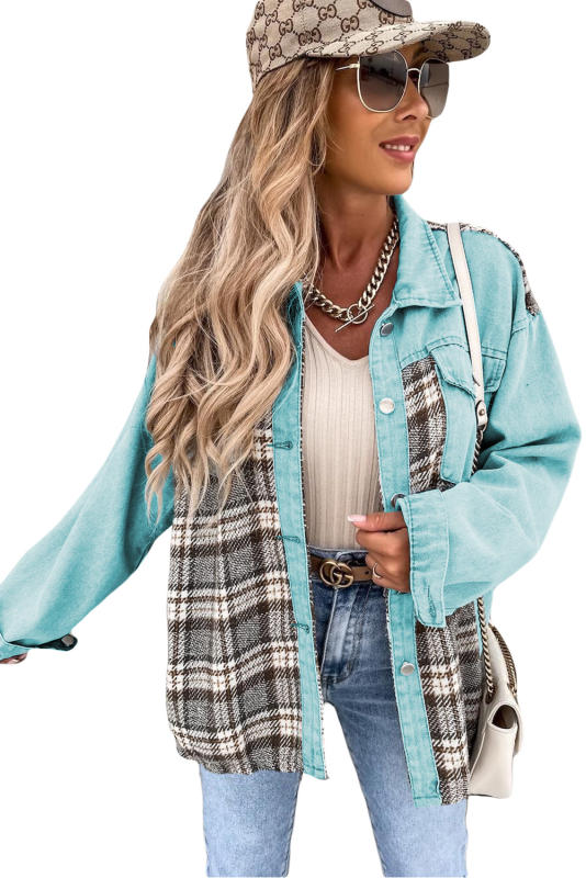 Sky Blue Plaid Patchwork Pockets Denim Jacket