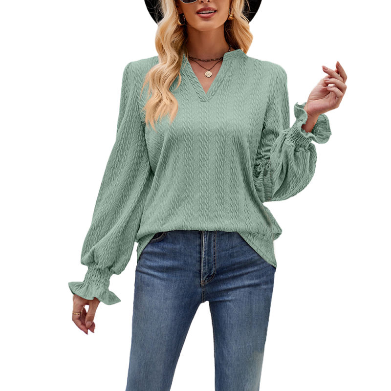 Pea Green Color Jacquard Knitted Long Sleeve Tops