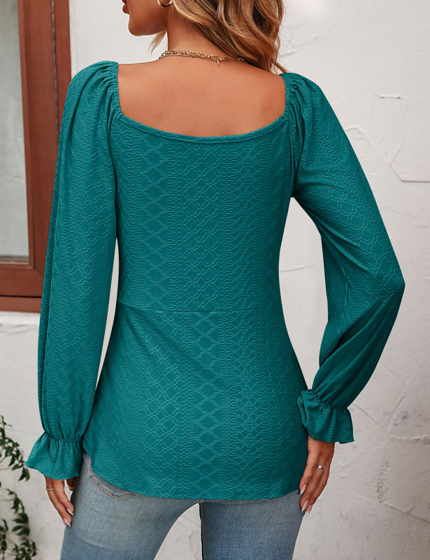 Peacock Blue Knit Jacquard Lace-up V Neck Long Sleeve Top