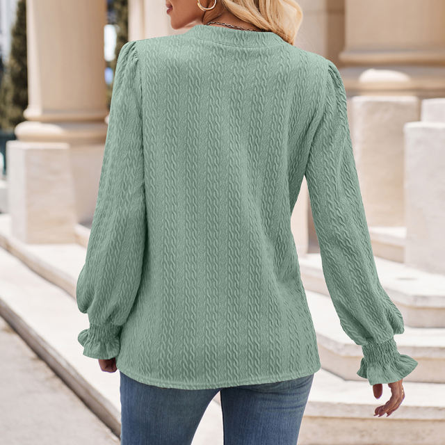 Pea Green Color Jacquard Knitted Long Sleeve Tops
