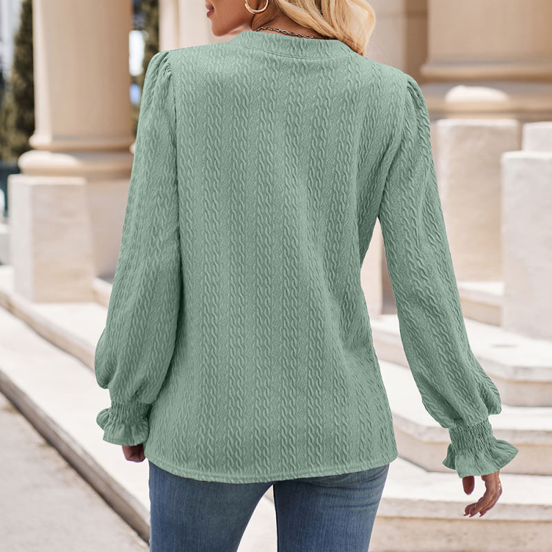 Pea Green Color Jacquard Knitted Long Sleeve Tops