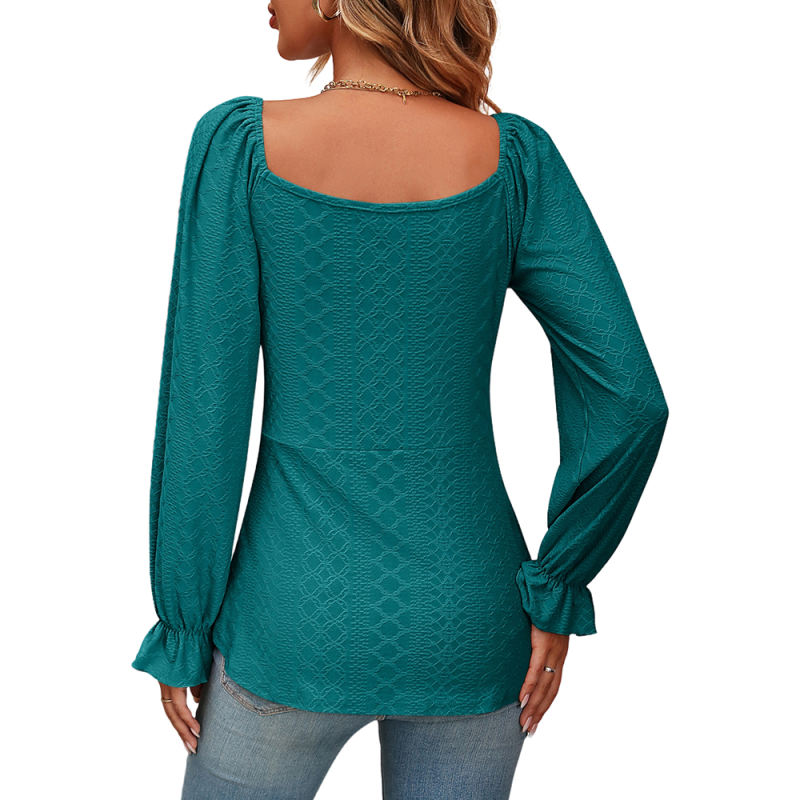 Peacock Blue Knit Jacquard Lace-up V Neck Long Sleeve Top