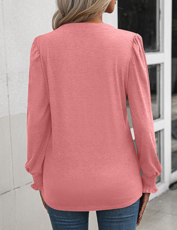 Pink V Neckline Pleated Cuffs Long Sleeve Top