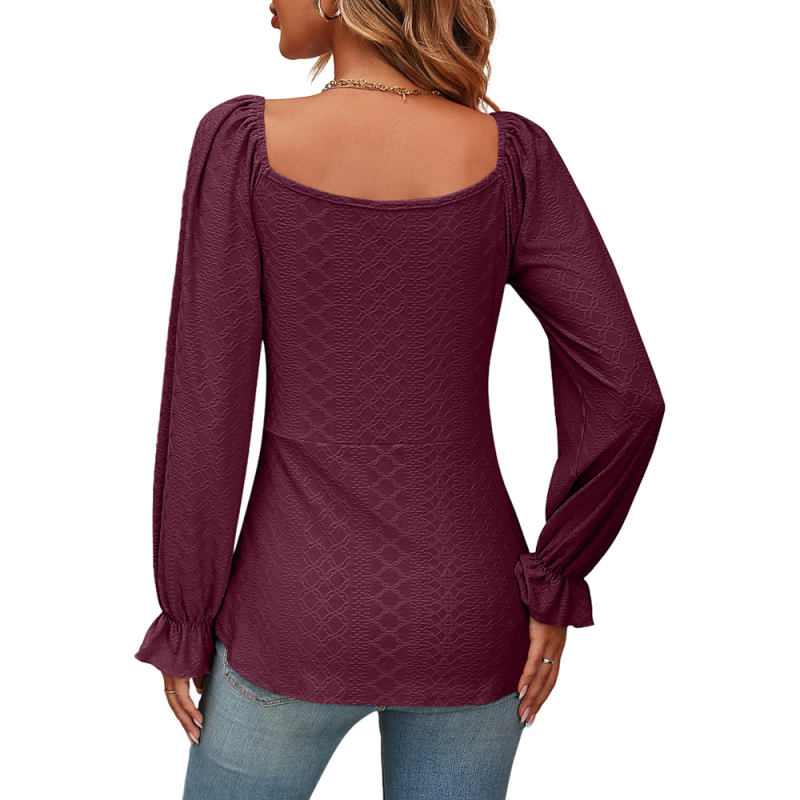 Wine Red Knit Jacquard Lace-up V Neck Long Sleeve Top