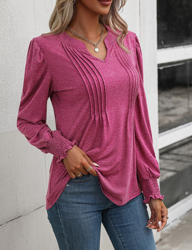 Rosy V Neckline Pleated Cuffs Long Sleeve Top