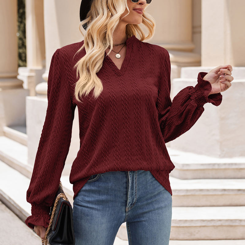 Wind Red Solid Color Jacquard Knitted Long Sleeve Tops