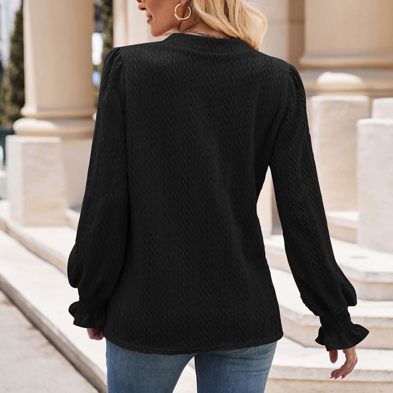 Black Solid Color Jacquard Knitted Long Sleeve Tops