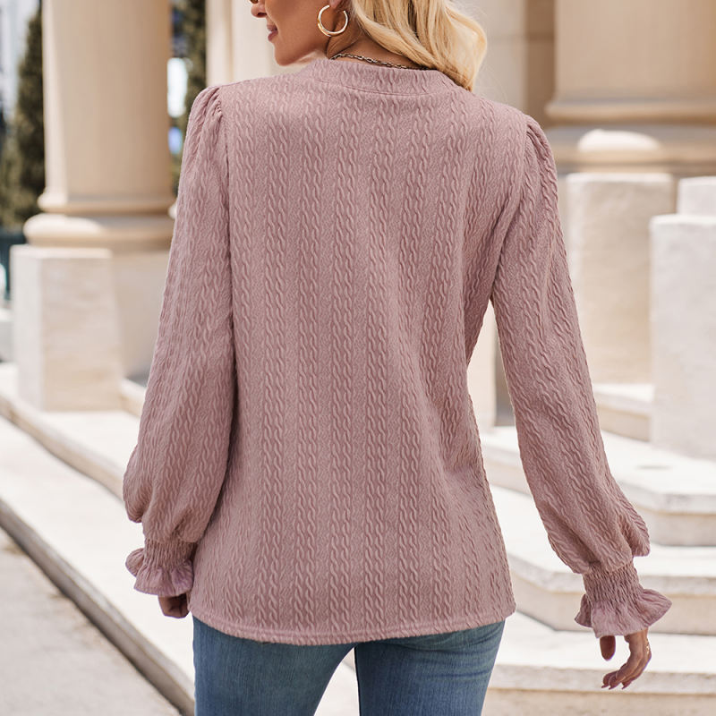 Pink Solid Color Jacquard Knitted Long Sleeve Tops