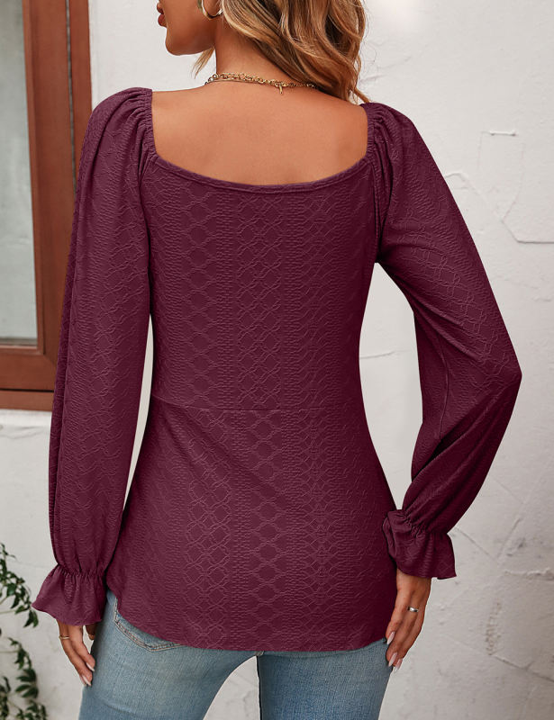 Wine Red Knit Jacquard Lace-up V Neck Long Sleeve Top