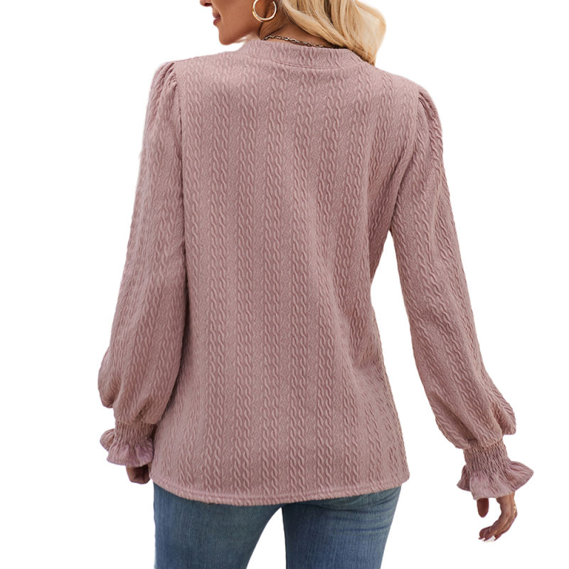 Pink Solid Color Jacquard Knitted Long Sleeve Tops