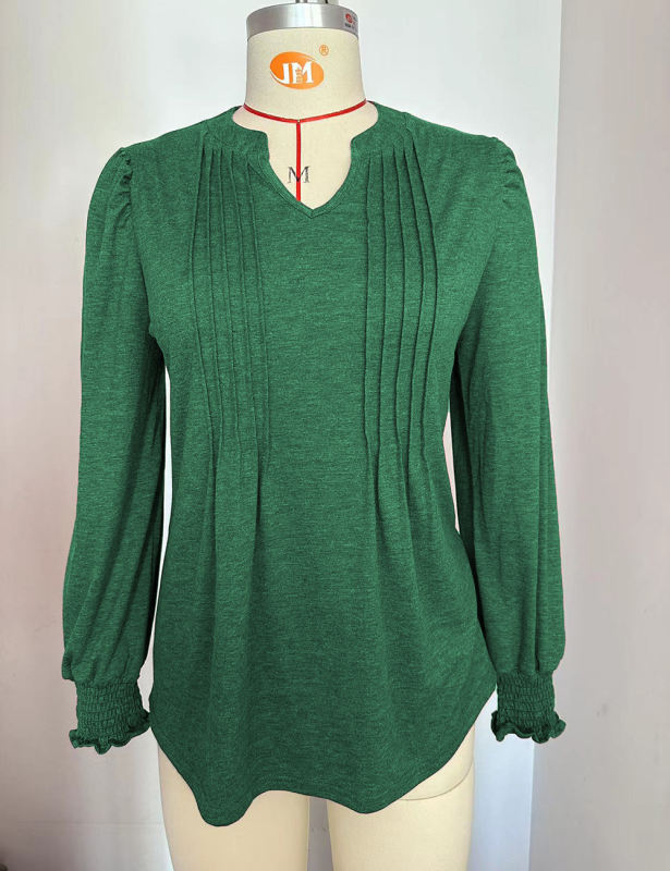 Green V Neckline Pleated Cuffs Long Sleeve Top