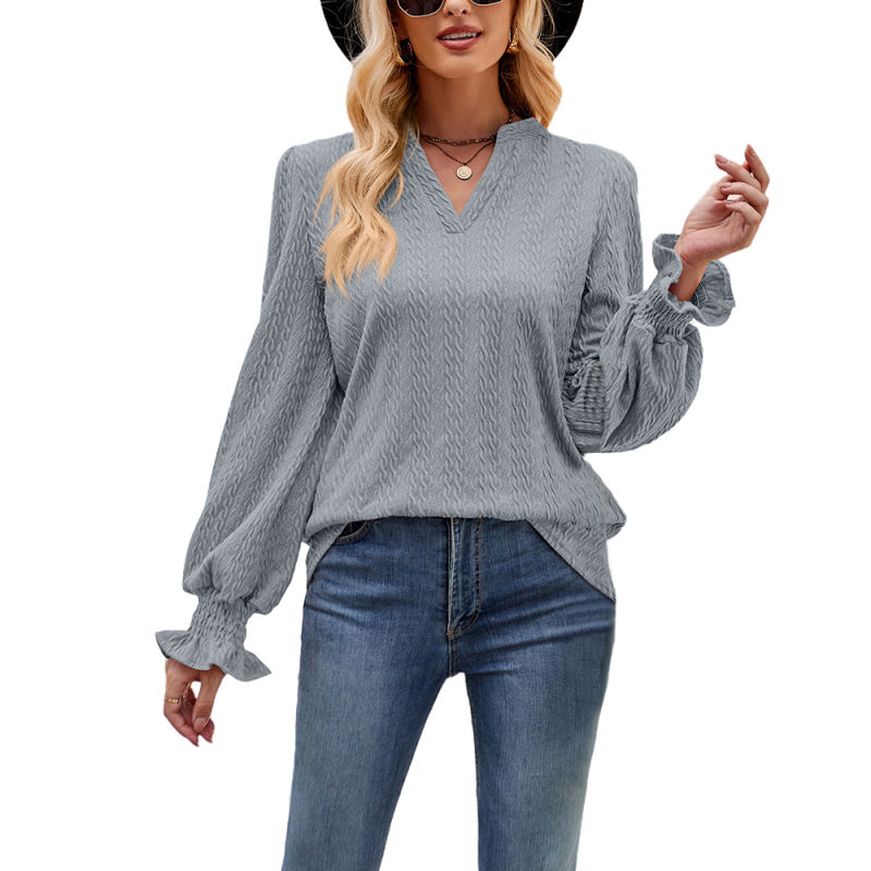 Gray Solid Color Jacquard Knitted Long Sleeve Tops