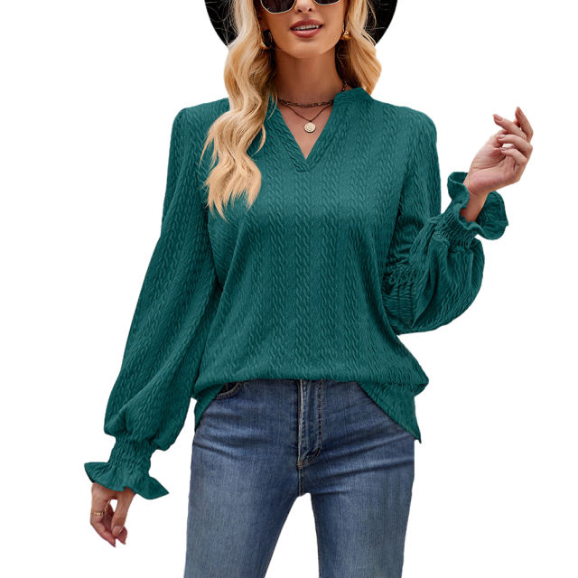 Peacok Blue Color Jacquard Knitted Long Sleeve Tops