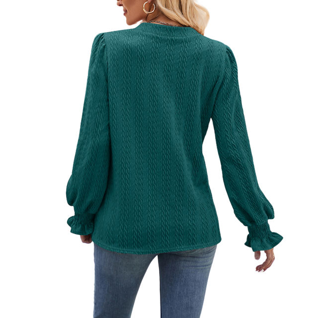 Peacok Blue Color Jacquard Knitted Long Sleeve Tops