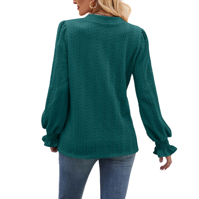 Peacok Blue Color Jacquard Knitted Long Sleeve Tops