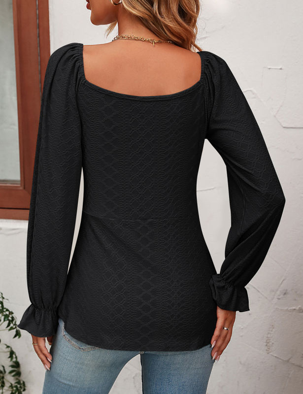 Black Knit Jacquard Lace-up V Neck Long Sleeve Top