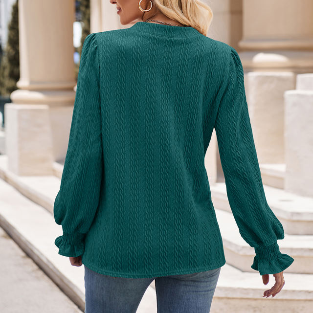 Peacok Blue Color Jacquard Knitted Long Sleeve Tops