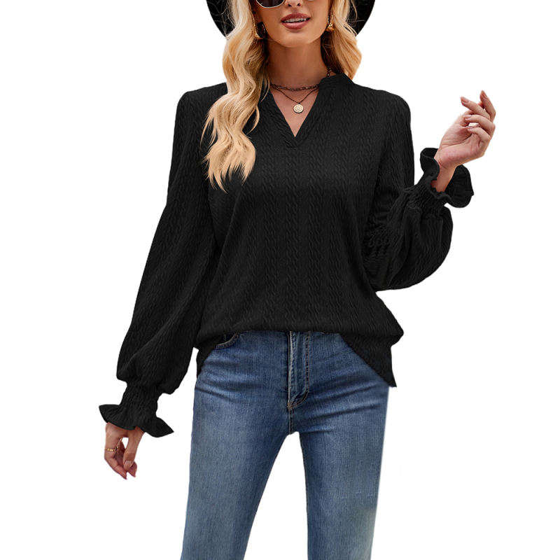 Black Solid Color Jacquard Knitted Long Sleeve Tops