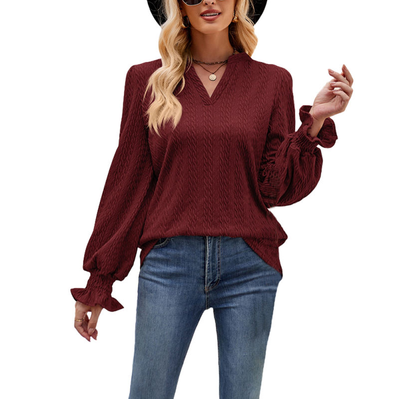Wind Red Solid Color Jacquard Knitted Long Sleeve Tops