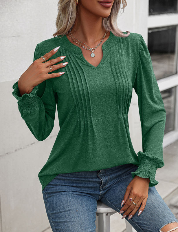 Green V Neckline Pleated Cuffs Long Sleeve Top