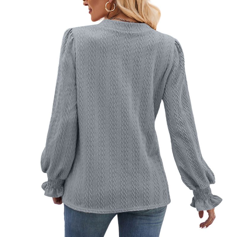 Gray Solid Color Jacquard Knitted Long Sleeve Tops