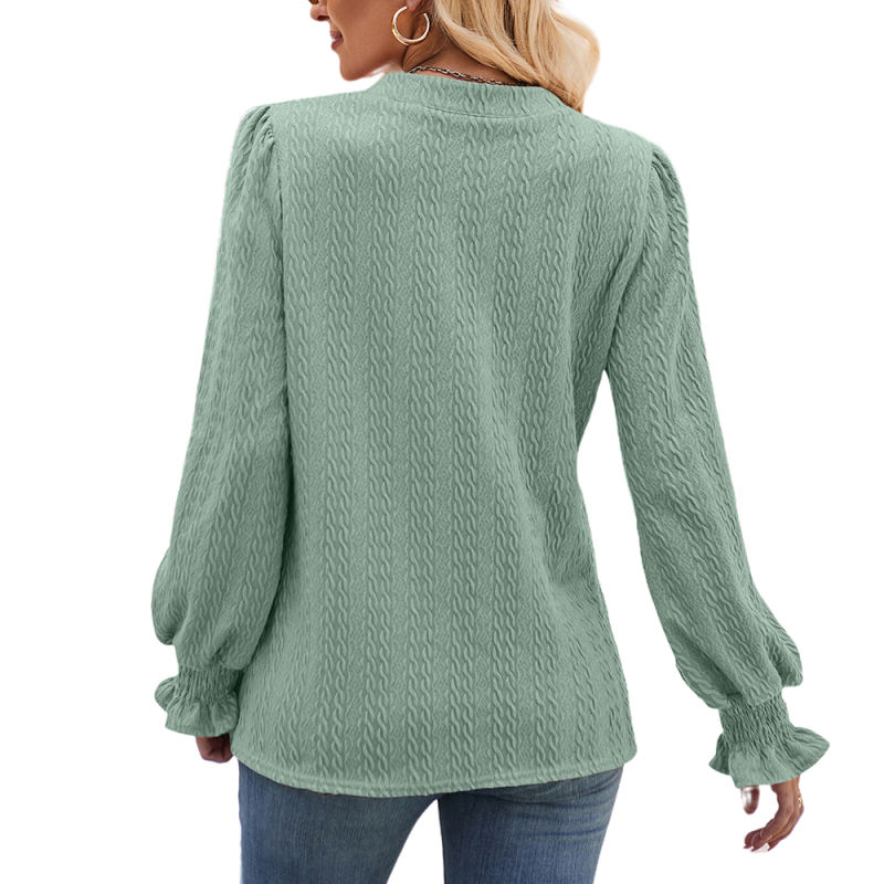 Pea Green Color Jacquard Knitted Long Sleeve Tops
