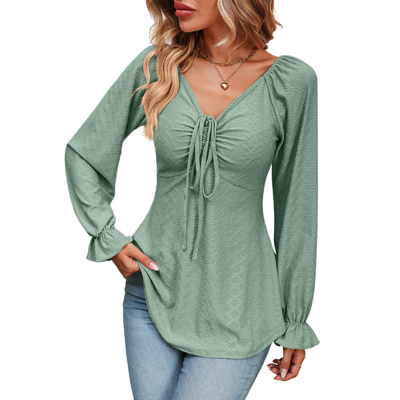 Pea Green Knit Jacquard Lace-up V Neck Long Sleeve Top