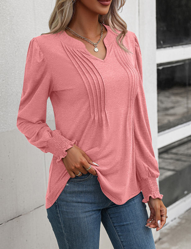 Pink V Neckline Pleated Cuffs Long Sleeve Top