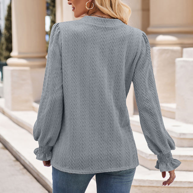Gray Solid Color Jacquard Knitted Long Sleeve Tops