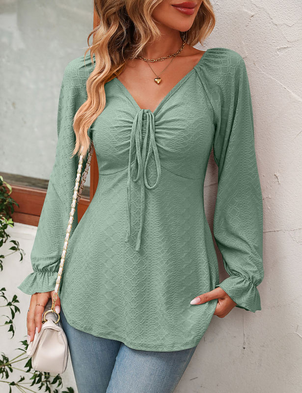 Pea Green Knit Jacquard Lace-up V Neck Long Sleeve Top
