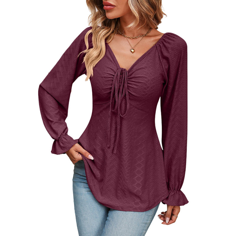 Wine Red Knit Jacquard Lace-up V Neck Long Sleeve Top