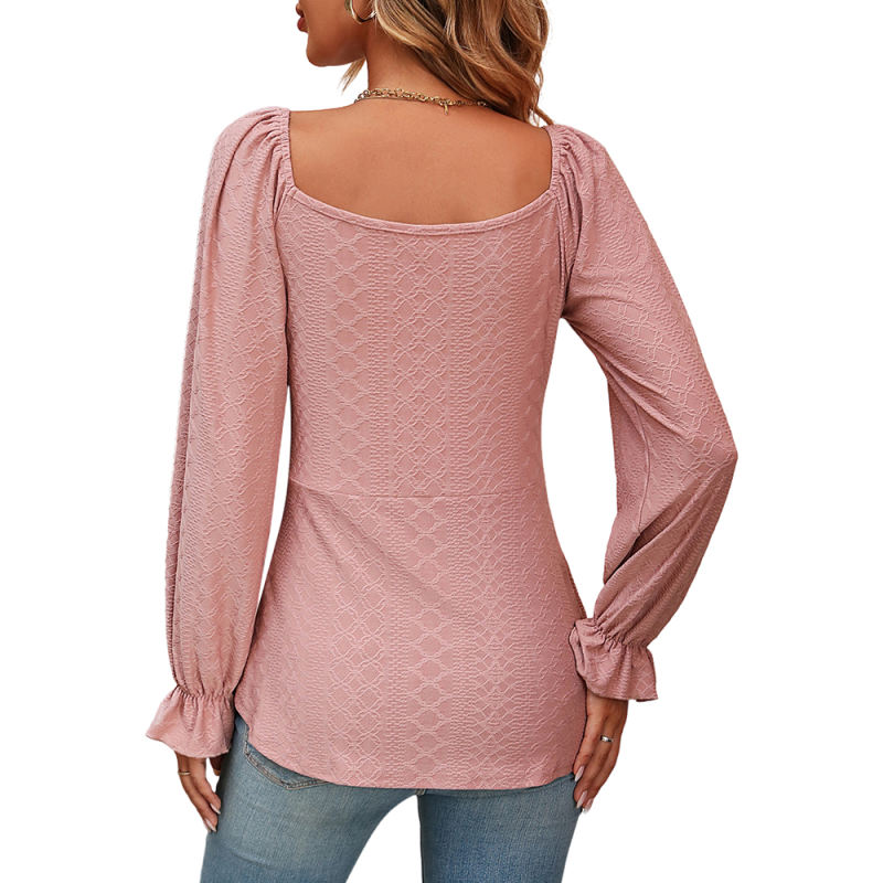 Pink Knit Jacquard Lace-up V Neck Long Sleeve Top