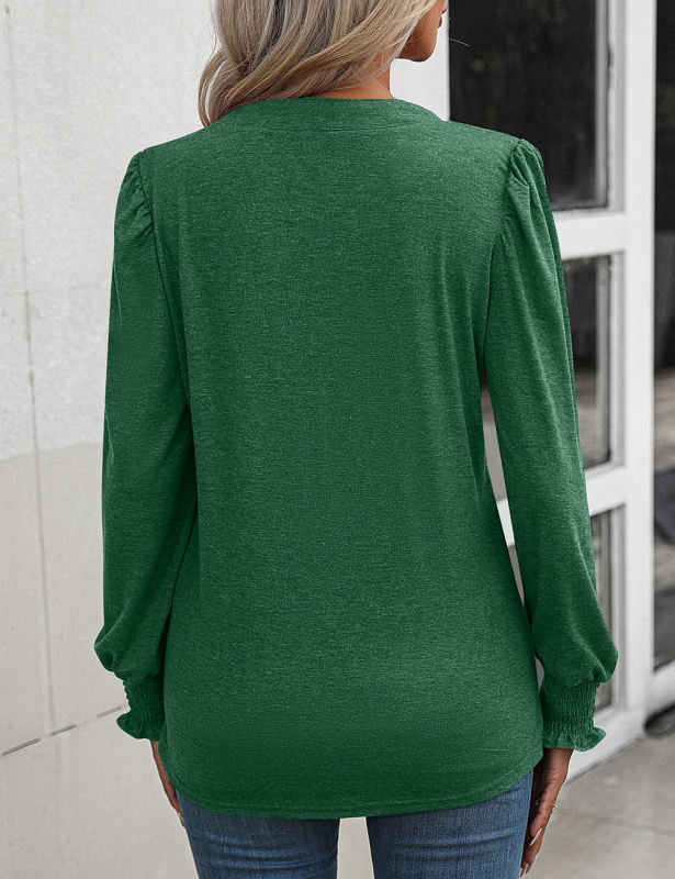 Green V Neckline Pleated Cuffs Long Sleeve Top