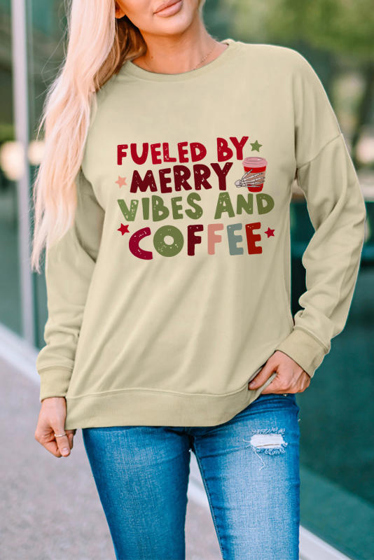 Khaki Cute Christmas Slogan Graphic Pullover Sweatshirt