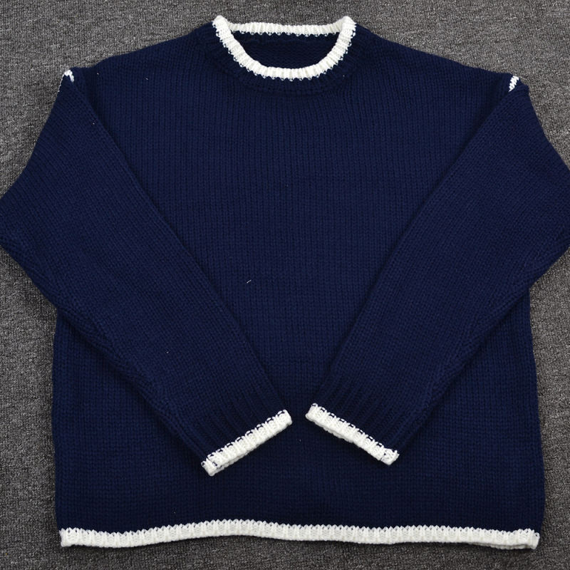 Navy Blue Contrast Round Neck Knit Pullover Sweater
