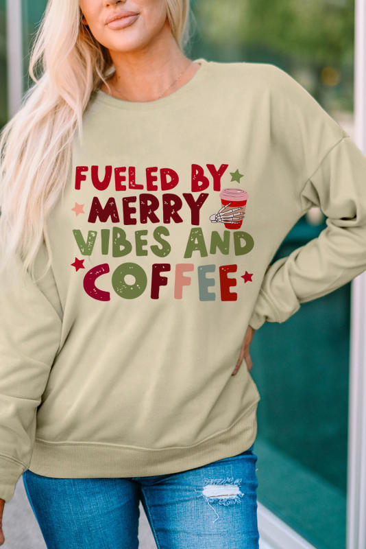 Khaki Cute Christmas Slogan Graphic Pullover Sweatshirt