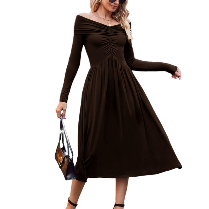 Dark Brown Pleated Off Shoulder Long Sleeve Dress
