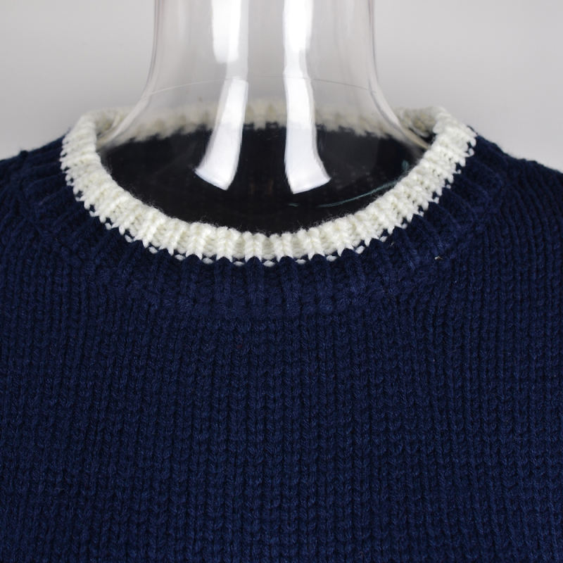 Navy Blue Contrast Round Neck Knit Pullover Sweater