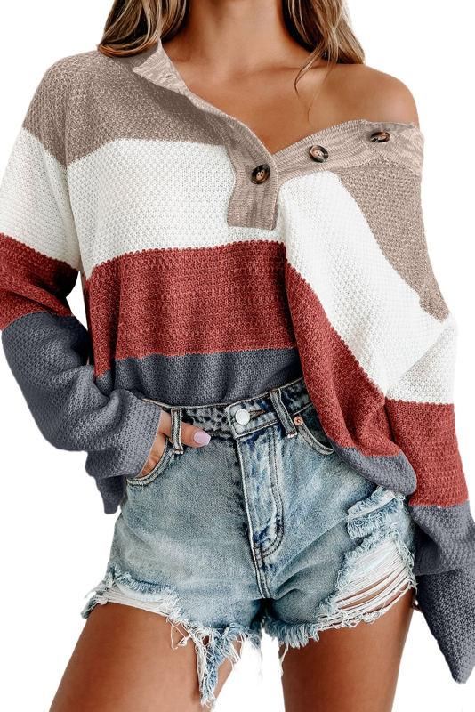 Multicolor Loose Colorblock Knitted Henley Sweater LC2723782-P1722