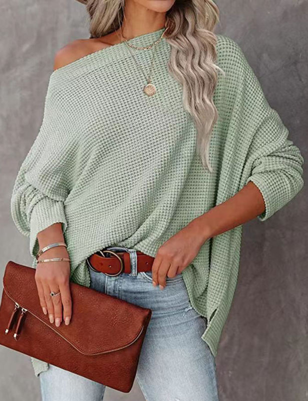Light Green Waffle Oblique Shoulder Long Sleeve Tops