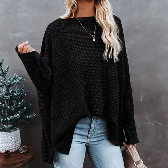 Black Waffle Oblique Shoulder Long Sleeve Tops