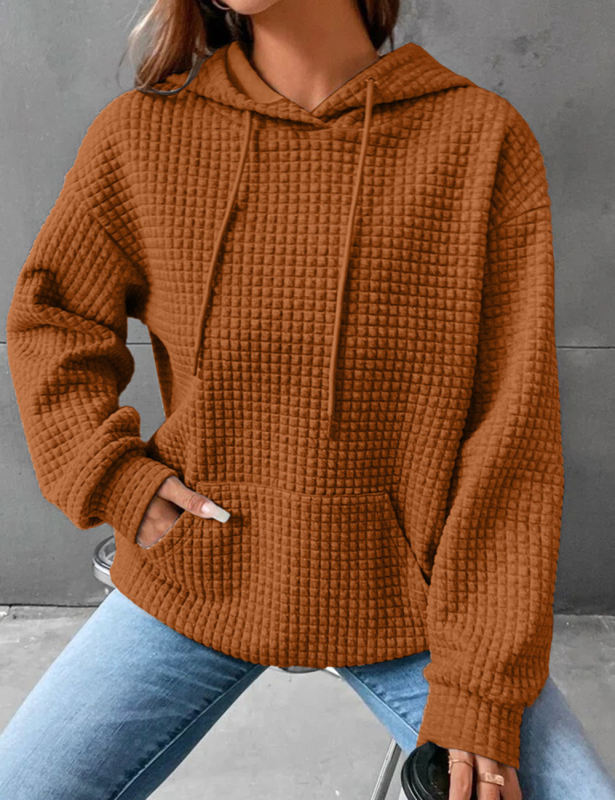 Brown Solid Color Drawstring Long Sleeve Hoodie