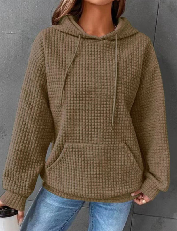 Coffee Solid Color Drawstring Long Sleeve Hoodie