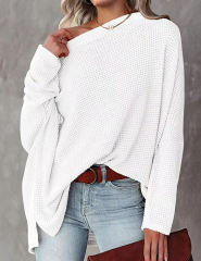 White Waffle Oblique Shoulder Long Sleeve Tops