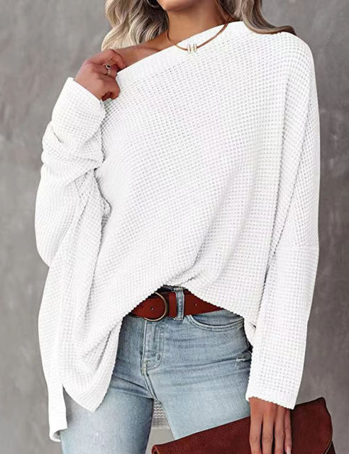White Waffle Oblique Shoulder Long Sleeve Tops